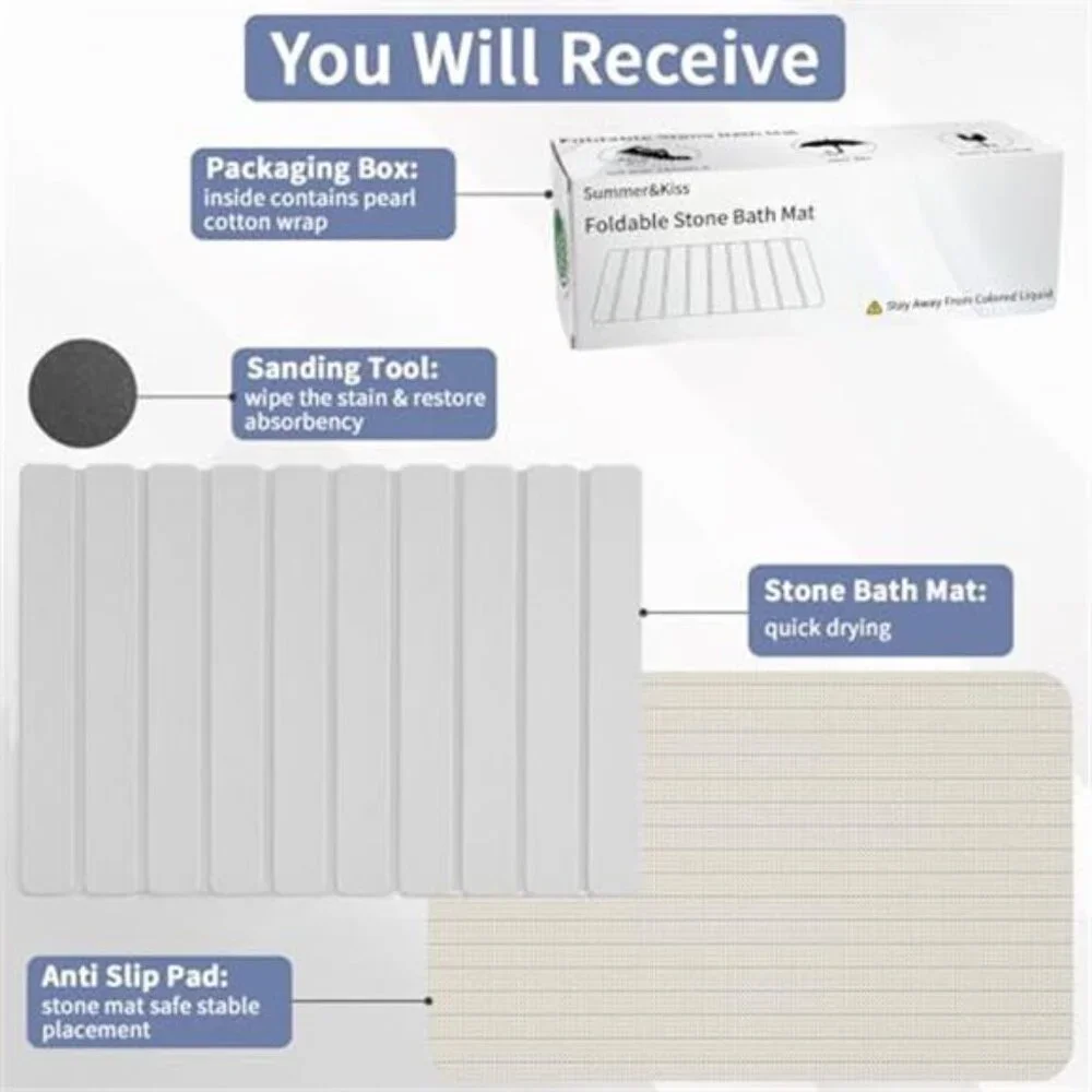 Foldable Stone Bath Mat Quick Dry Absorbent Non Slip Large Diatomaceous Mat